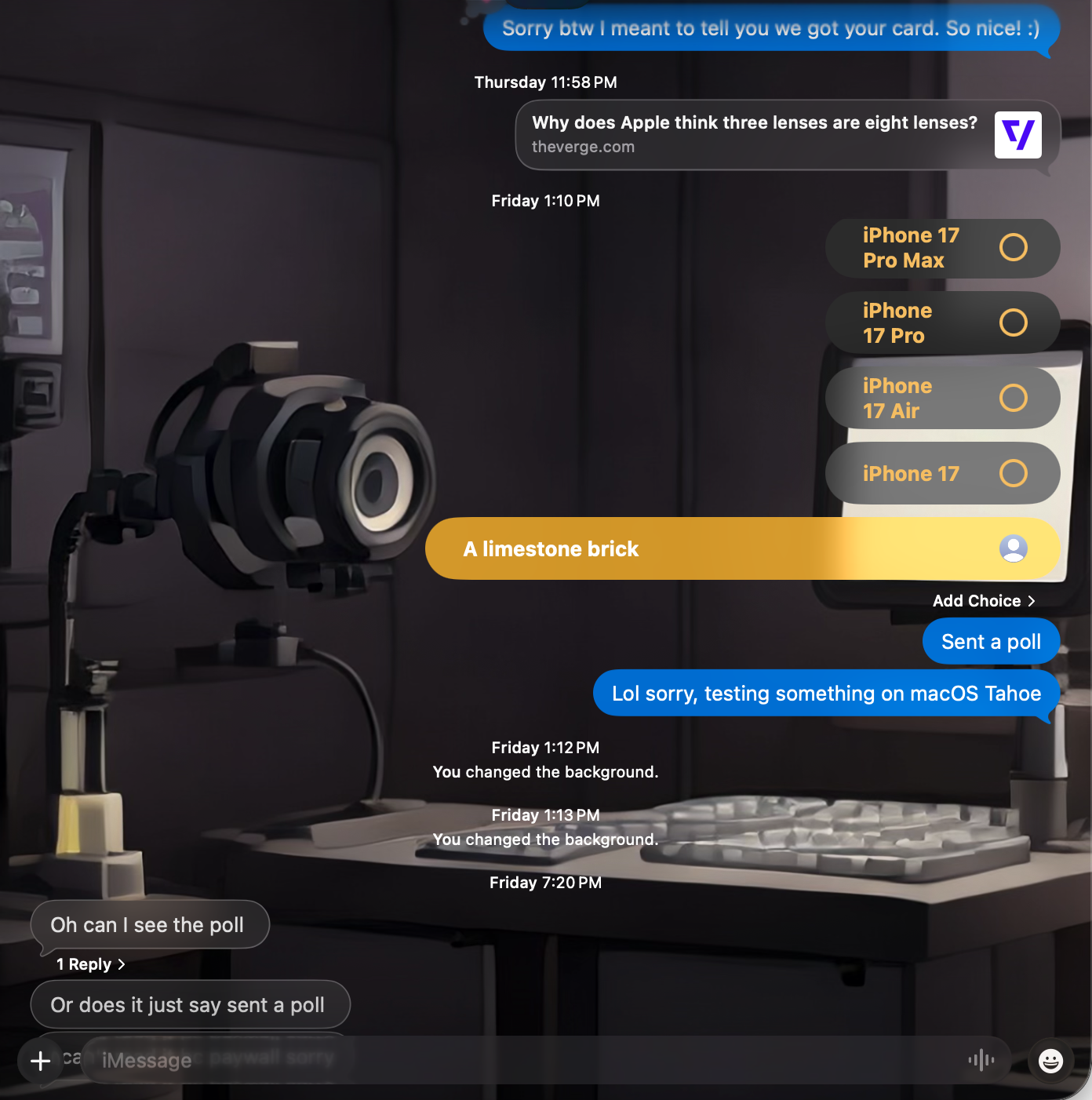 <em>When I used Image Playground to generate a chat background of “a darkroom with enlargers and chemical trays in a university photo lab,” I got this mess.</em>